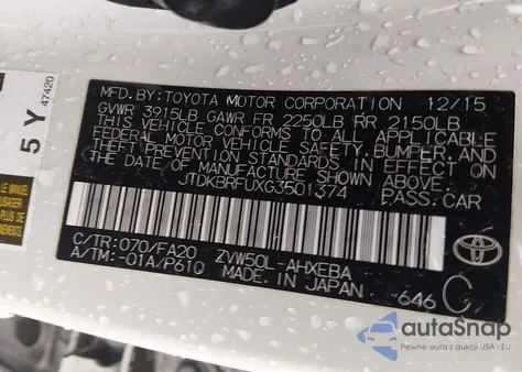 2016 Toyota Prius Two z USA, uszkodzony, nr VIN JTDKBRFUXG3501374